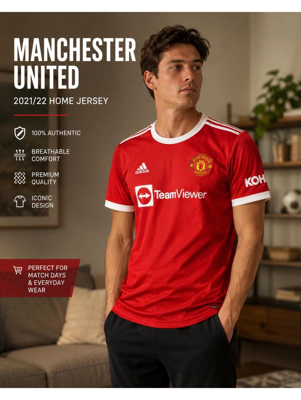 Manchester United Adidas Home Soccer Jersey Red TeamViewer Men’s